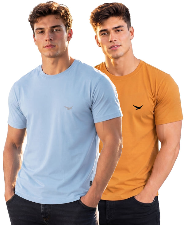 Hiflyers Men Regular Fit Cotton Round Neck T-Shirt |Pack Of 2|Baby Blue,Mustard