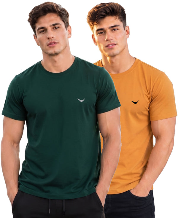 Hiflyers Men Regular Fit Cotton Round Neck T-Shirt |Pack Of 2|Green,Mustard