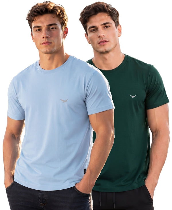 Hiflyers Men Regular Fit Cotton Round Neck T-Shirt |Pack Of 2|Baby Blue,Green