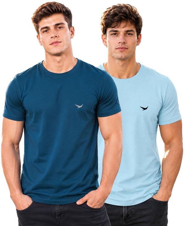 Hiflyers Men Regular Fit Cotton Round Neck T-Shirt |Pack Of 2|Airforce,Light Blue