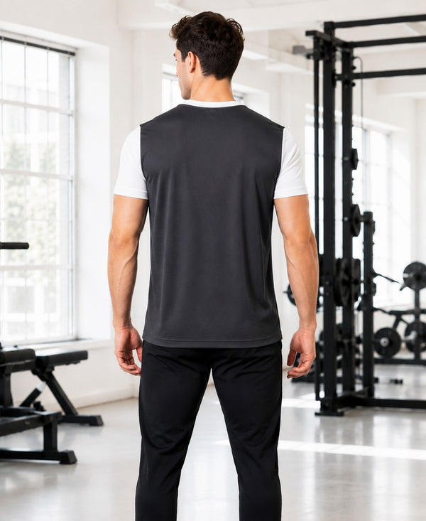 T.T. Men Dri-Fit Cut & Sew Design T-ShirtPack Of 1 Dark Grey-White
