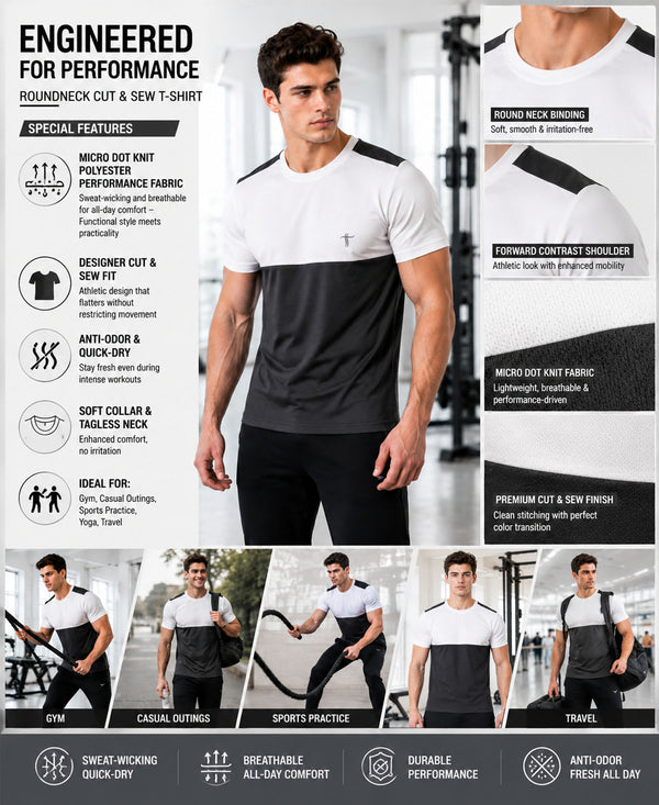 T.T. Men Dri-Fit Cut & Sew Design T-ShirtPack Of 1 Dark Grey-White
