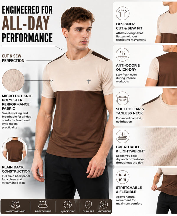 T.T. Men Dri-Fit Cut & Sew Design T-ShirtPack Of 1 Brown-Beige