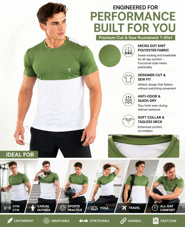 T.T. Men Dri-Fit Cut & Sew Design T-ShirtPack Of 1 White-Green