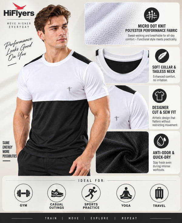 T.T. Men Dri-Fit Cut & Sew Design T-ShirtPack Of 1 Black-White