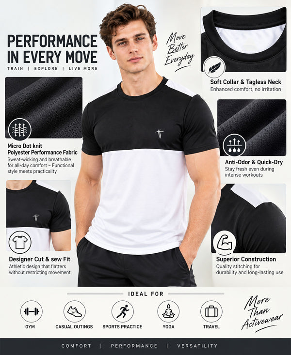 T.T. Men Dri-Fit Cut & Sew Design T-ShirtPack Of 1 White-Black