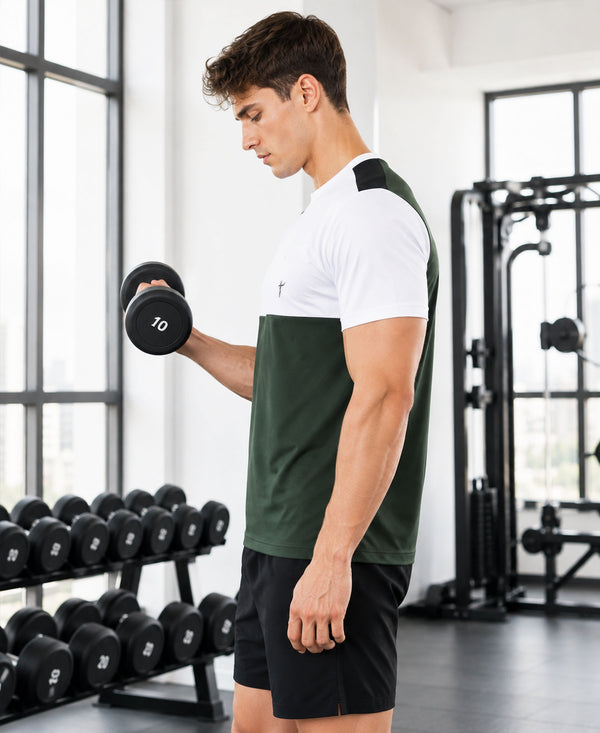 T.T. Men Dri-Fit Cut & Sew Design T-ShirtPack Of 1 Olive-White