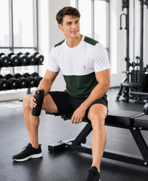 T.T. Men Dri-Fit Cut & Sew Design T-ShirtPack Of 1 Olive-White