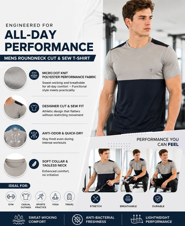 T.T. Men Dri-Fit Cut & Sew Design T-ShirtPack Of 1 Navy-Grey