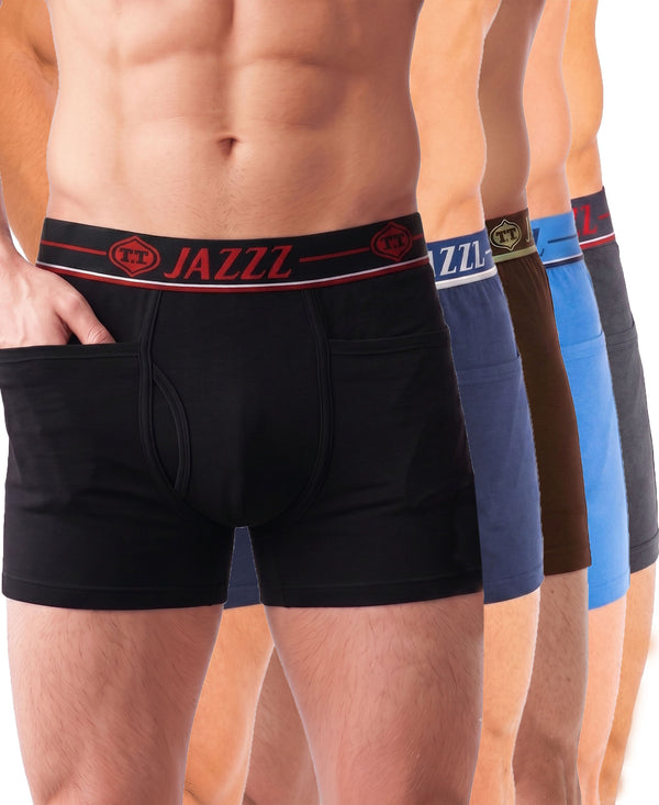 T.T. Jazzz Men’S Cotton Trunk With Outer Pocket|Pack Of 5|Black,Blue,Brown,Sky Blue,Dark Grey