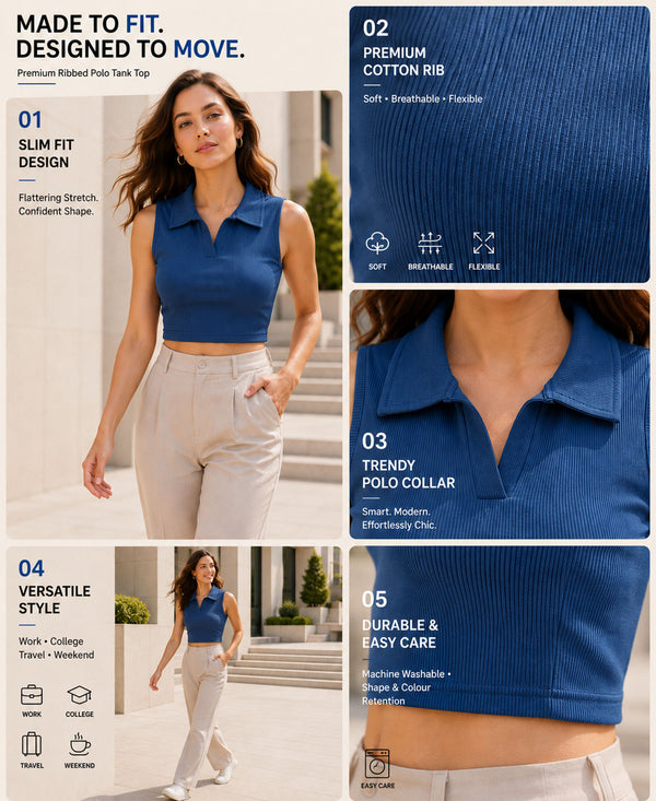 T.T. Women|Slim Fit Ribbed Tank Top|Stretchable Cotton Rib Fabric| Trendy High Street Casual & Office Wear Sleeveless Crop Tee|Desire Rib Polo Tshirt For Women||Airforce