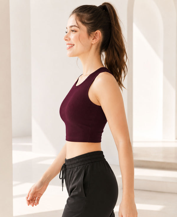 T.T. Women|Ribbed Crop Top|Sleeveless Round Neck Slim Fit Aesthetic Streetwear Top|Stretchable Cotton Fabric|Tshirt|Top||Plum
