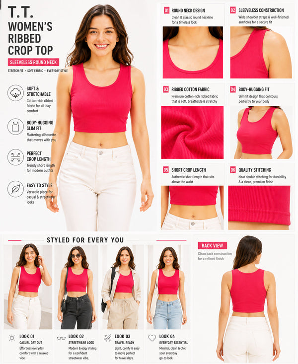 T.T. Women|Ribbed Crop Top|Sleeveless Round Neck Slim Fit Aesthetic Streetwear Top|Stretchable Cotton Fabric|Tshirt|Top||L.Pink