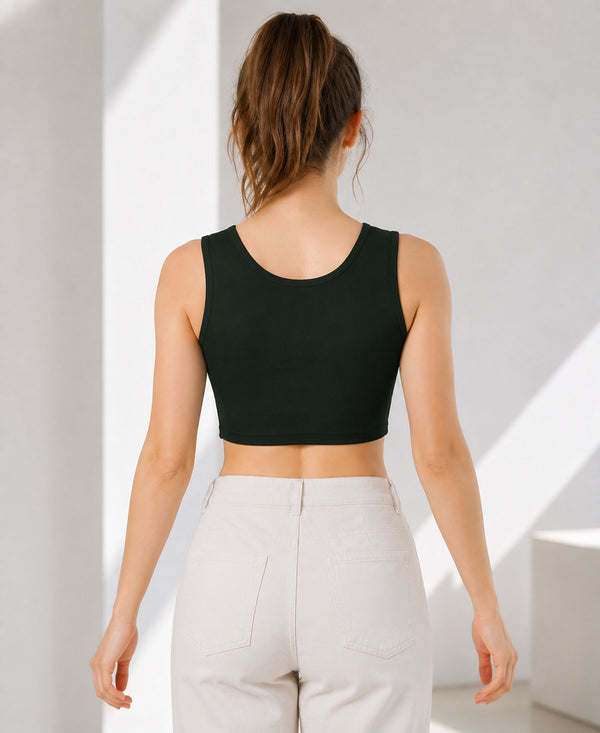 T.T. Women|Ribbed Crop Top|Sleeveless Round Neck Slim Fit Aesthetic Streetwear Top|Stretchable Cotton Fabric|Tshirt|Top||D.Green