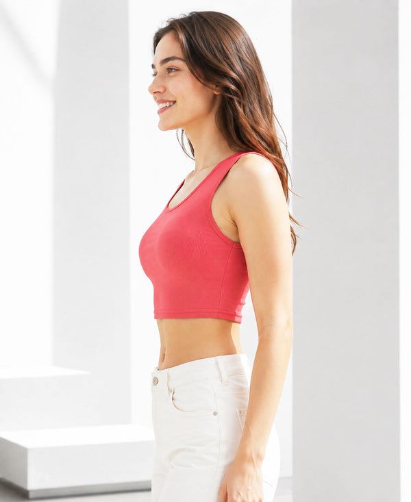T.T. Women|Ribbed Crop Top|Sleeveless Round Neck Slim Fit Aesthetic Streetwear Top|Stretchable Cotton Fabric|Tshirt|Top||Coral