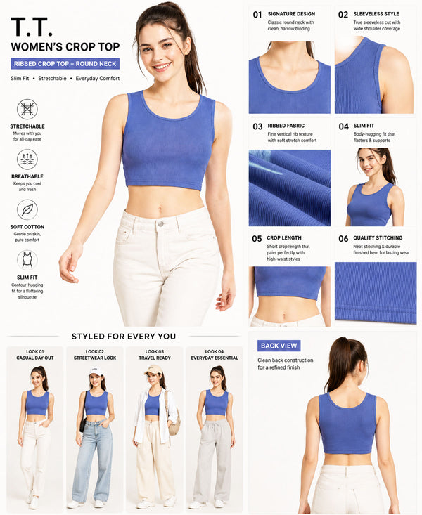 T.T. Women|Ribbed Crop Top|Sleeveless Round Neck Slim Fit Aesthetic Streetwear Top|Stretchable Cotton Fabric|Tshirt|Top||Blue
