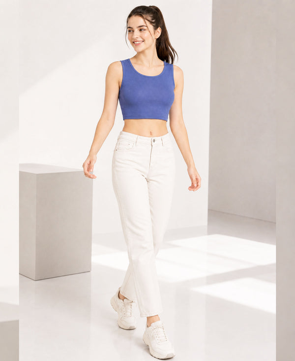 T.T. Women|Ribbed Crop Top|Sleeveless Round Neck Slim Fit Aesthetic Streetwear Top|Stretchable Cotton Fabric|Tshirt|Top||Blue