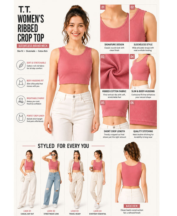 T.T. Women|Ribbed Crop Top|Sleeveless Round Neck Slim Fit Aesthetic Streetwear Top|Stretchable Cotton Fabric|Tshirt|Top||Apricot