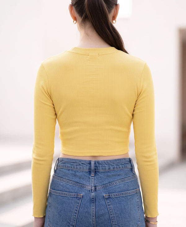 T.T. Women|Stylish Crop Top|Ribbed Slim Fit Full Sleeve Round Neck Trendy Casual Wear Top|Stretchable Cotton Fabric|Tshirt|Top||Yellow