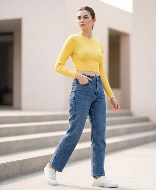 T.T. Women|Stylish Crop Top|Ribbed Slim Fit Full Sleeve Round Neck Trendy Casual Wear Top|Stretchable Cotton Fabric|Tshirt|Top||Yellow