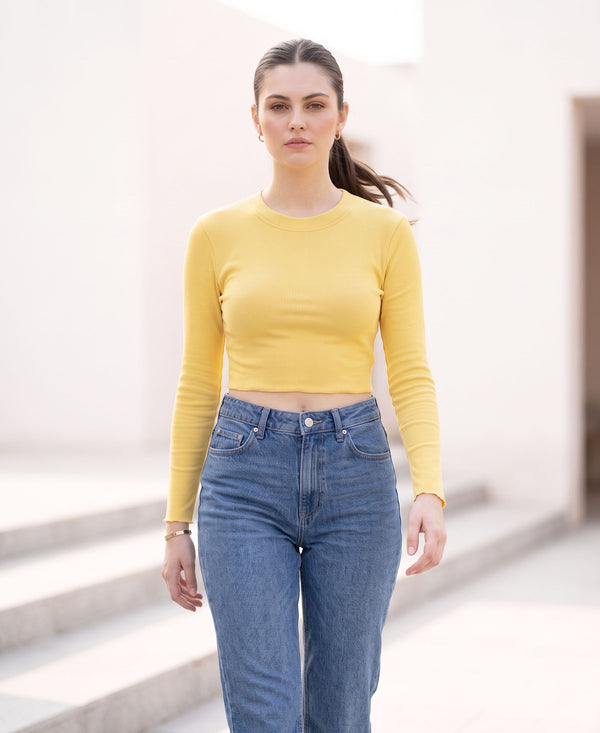 T.T. Women|Stylish Crop Top|Ribbed Slim Fit Full Sleeve Round Neck Trendy Casual Wear Top|Stretchable Cotton Fabric|Tshirt|Top||Yellow