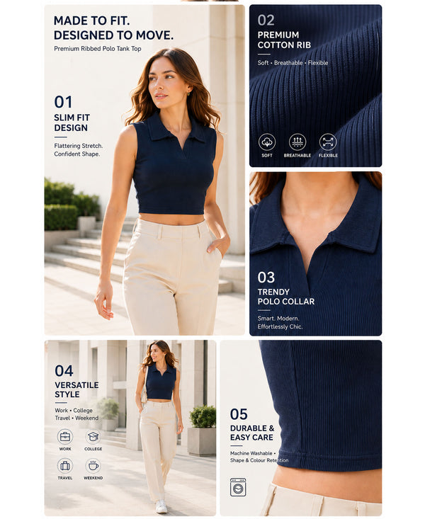 T.T. Women|Slim Fit Ribbed Tank Top|Stretchable Cotton Rib Fabric| Trendy High Street Casual & Office Wear Sleeveless Crop Tee|Desire Rib Polo Tshirt For Women|Navy Blue