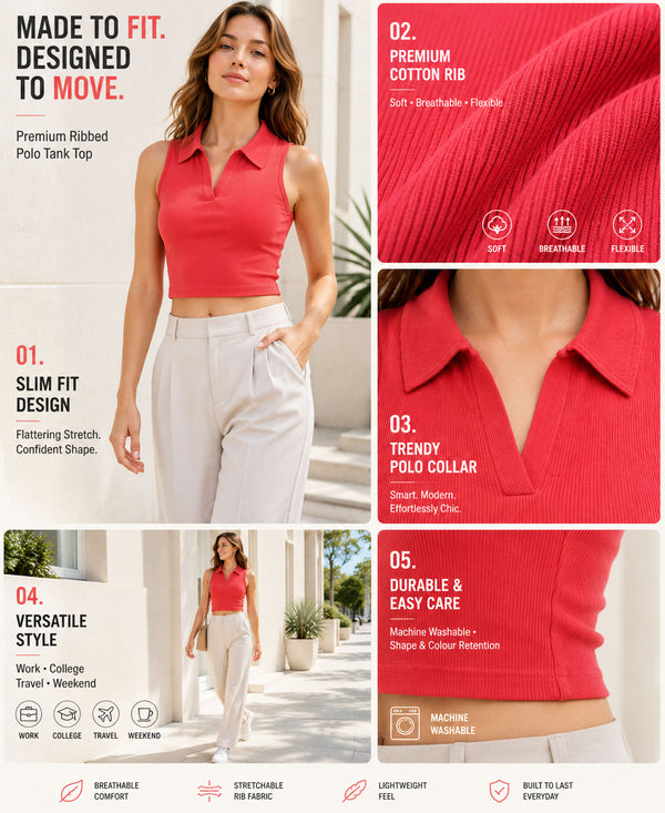 T.T. Women|Slim Fit Ribbed Tank Top|Stretchable Cotton Rib Fabric| Trendy High Street Casual & Office Wear Sleeveless Crop Tee|Desire Rib Polo Tshirt For Women||Carrot
