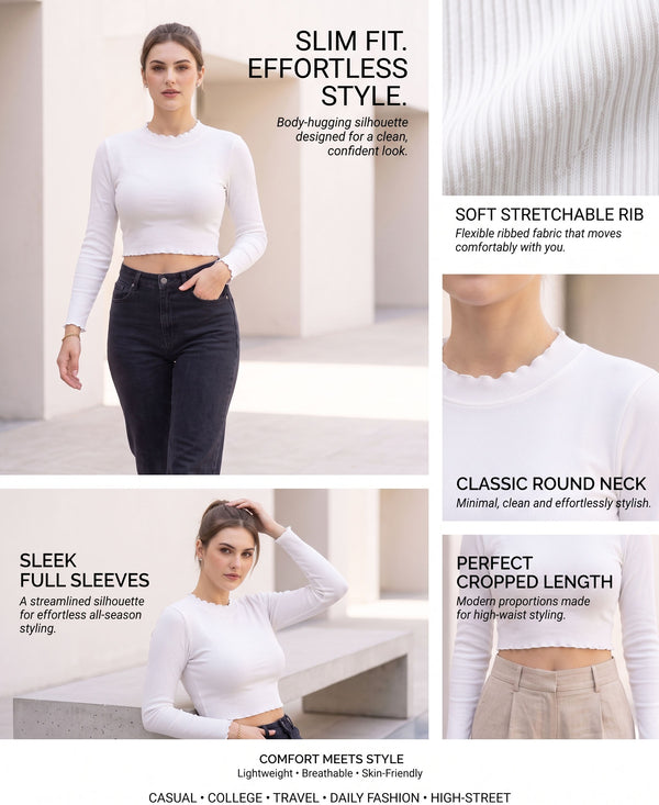 T.T. Women|Slim Fit Ribbed Top|Stretchable Cotton Rib Fabric| Trendy High Street Casual & Office Wear Full Sleeve Crop Tee|Desire Rib Tshirt For Women||White