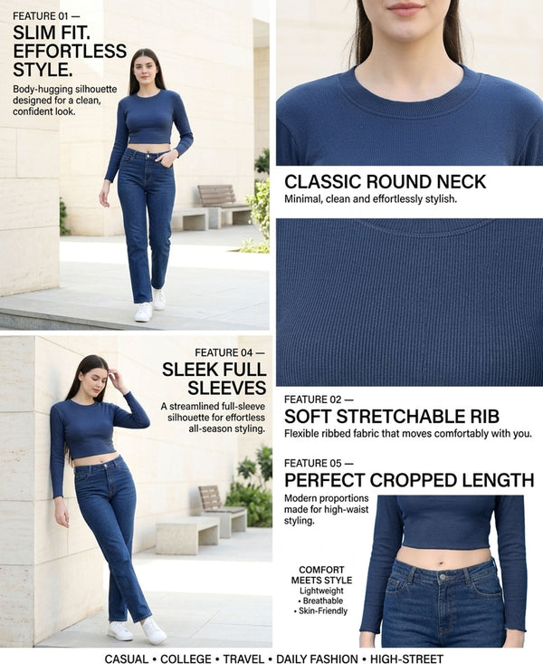 T.T. Women|Stylish Crop Top|Ribbed Slim Fit Full Sleeve Round Neck Trendy Casual Wear Top|Stretchable Cotton Fabric|Tshirt|Top||Royal Blue