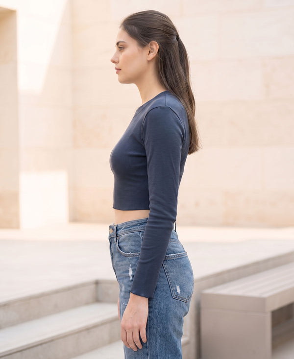T.T. Women|Stylish Crop Top|Ribbed Slim Fit Full Sleeve Round Neck Trendy Casual Wear Top|Stretchable Cotton Fabric|Tshirt|Top||Royal Blue