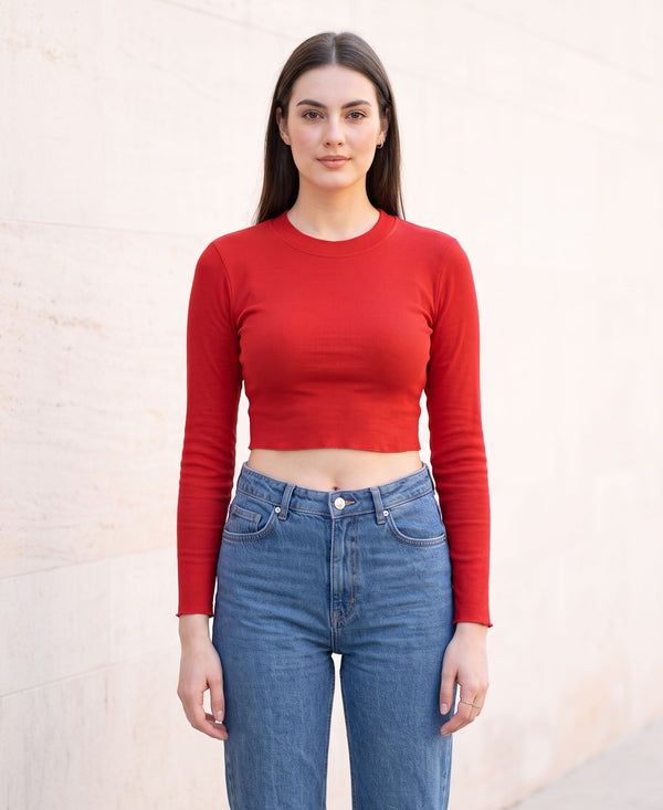 T.T. Women|Stylish Crop Top|Ribbed Slim Fit Full Sleeve Round Neck Trendy Casual Wear Top|Stretchable Cotton Fabric|Tshirt|Top||Red