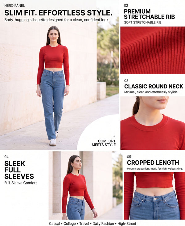 T.T. Women|Stylish Crop Top|Ribbed Slim Fit Full Sleeve Round Neck Trendy Casual Wear Top|Stretchable Cotton Fabric|Tshirt|Top||Red