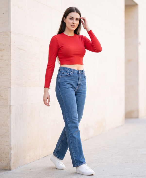 T.T. Women|Stylish Crop Top|Ribbed Slim Fit Full Sleeve Round Neck Trendy Casual Wear Top|Stretchable Cotton Fabric|Tshirt|Top||Red