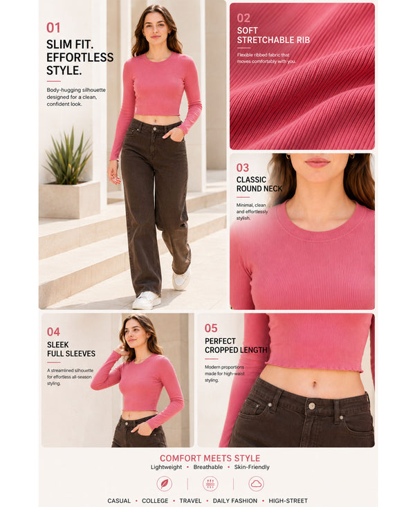 T.T. Women|Stylish Crop Top|Ribbed Slim Fit Full Sleeve Round Neck Trendy Casual Wear Top|Stretchable Cotton Fabric|Tshirt|Top||Pink