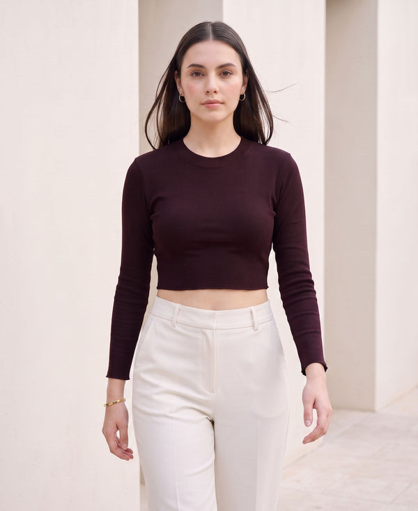 T.T. Women|Stylish Crop Top|Ribbed Slim Fit Full Sleeve Round Neck Trendy Casual Wear Top|Stretchable Cotton Fabric|Tshirt|Top||Plum
