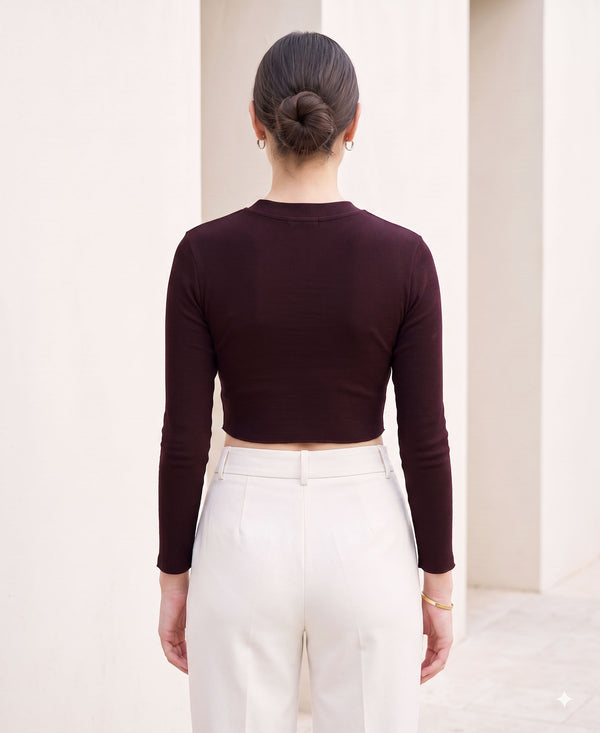 T.T. Women|Stylish Crop Top|Ribbed Slim Fit Full Sleeve Round Neck Trendy Casual Wear Top|Stretchable Cotton Fabric|Tshirt|Top||Plum