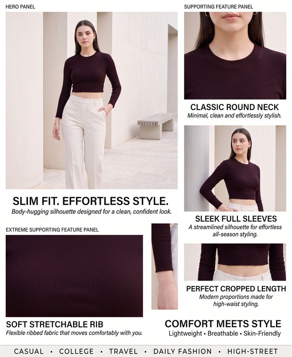 T.T. Women|Stylish Crop Top|Ribbed Slim Fit Full Sleeve Round Neck Trendy Casual Wear Top|Stretchable Cotton Fabric|Tshirt|Top||Plum