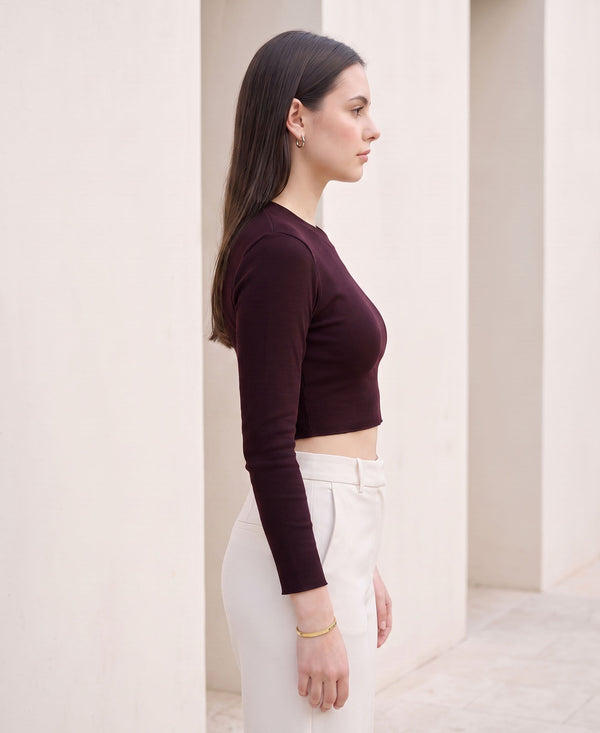 T.T. Women|Stylish Crop Top|Ribbed Slim Fit Full Sleeve Round Neck Trendy Casual Wear Top|Stretchable Cotton Fabric|Tshirt|Top||Plum