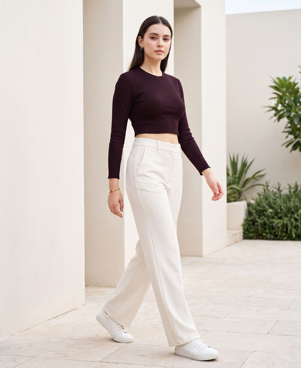 T.T. Women|Stylish Crop Top|Ribbed Slim Fit Full Sleeve Round Neck Trendy Casual Wear Top|Stretchable Cotton Fabric|Tshirt|Top||Plum
