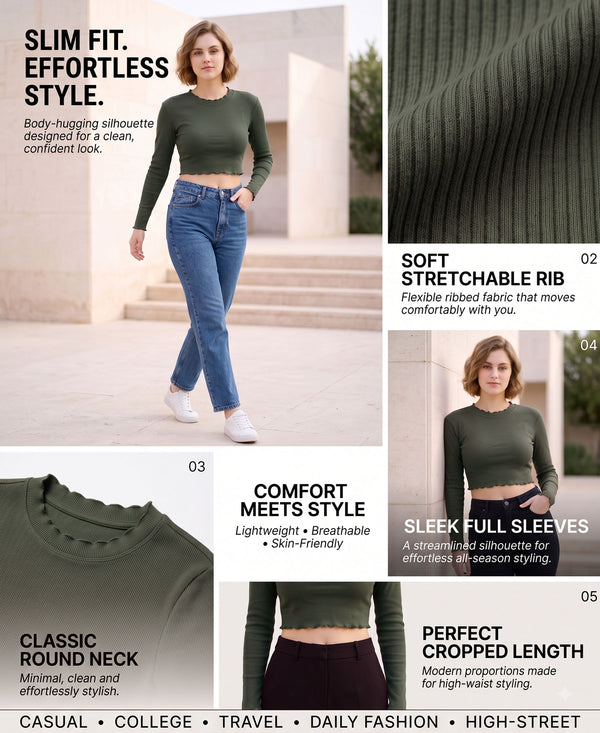 T.T. Women|Slim Fit Ribbed Top|Stretchable Cotton Rib Fabric| Trendy High Street Casual & Office Wear Full Sleeve Crop Tee|Desire Rib Tshirt For Women||Olive