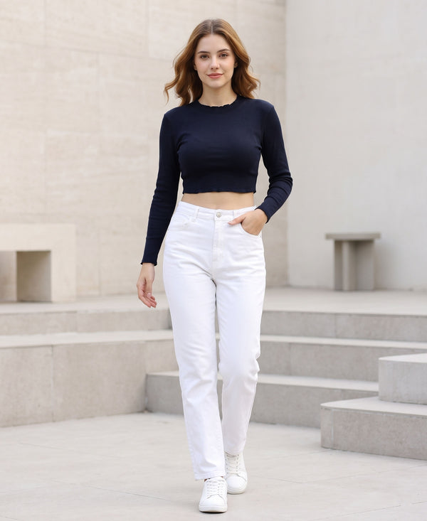 T.T. Women|Slim Fit Ribbed Top|Stretchable Cotton Rib Fabric| Trendy High Street Casual & Office Wear Full Sleeve Crop Tee|Desire Rib Tshirt For Women||Navy