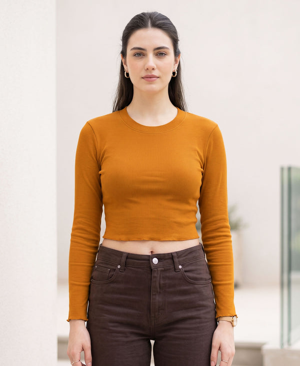 T.T. Women|Stylish Crop Top|Ribbed Slim Fit Full Sleeve Round Neck Trendy Casual Wear Top|Stretchable Cotton Fabric|Tshirt|Top||Mustard