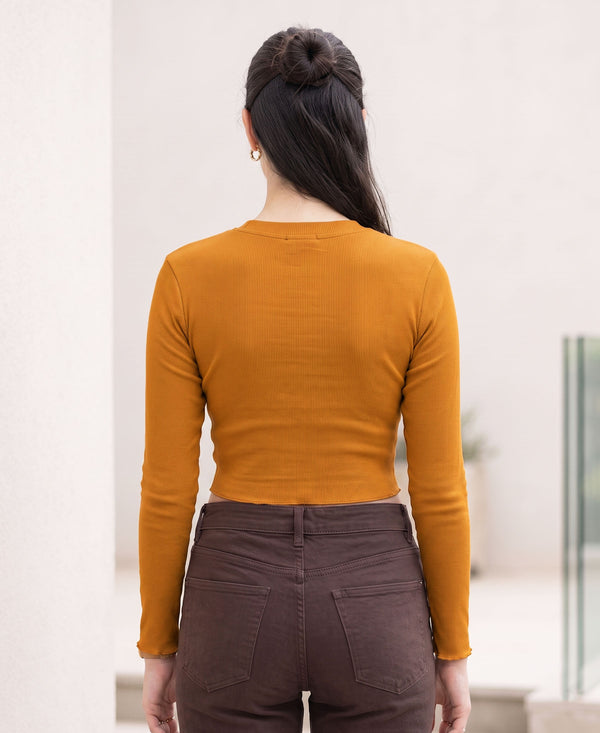 T.T. Women|Stylish Crop Top|Ribbed Slim Fit Full Sleeve Round Neck Trendy Casual Wear Top|Stretchable Cotton Fabric|Tshirt|Top||Mustard