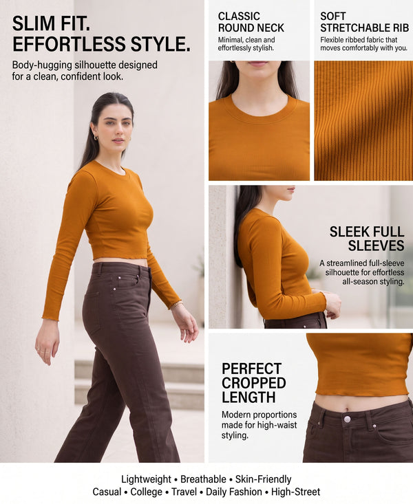 T.T. Women|Stylish Crop Top|Ribbed Slim Fit Full Sleeve Round Neck Trendy Casual Wear Top|Stretchable Cotton Fabric|Tshirt|Top||Mustard