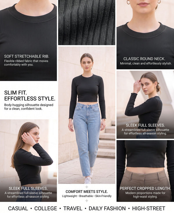T.T. Women|Stylish Crop Top|Ribbed Slim Fit Full Sleeve Round Neck Trendy Casual Wear Top|Stretchable Cotton Fabric|Tshirt|Top||D.Grey