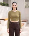T.T. Women|Stylish Crop Top|Ribbed Slim Fit Full Sleeve Round Neck Trendy Casual Wear Top|Stretchable Cotton Fabric|Tshirt|Top||Dark Green