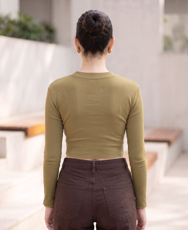T.T. Women|Stylish Crop Top|Ribbed Slim Fit Full Sleeve Round Neck Trendy Casual Wear Top|Stretchable Cotton Fabric|Tshirt|Top||Dark Green