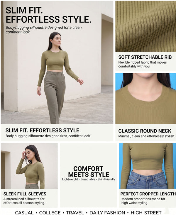 T.T. Women|Stylish Crop Top|Ribbed Slim Fit Full Sleeve Round Neck Trendy Casual Wear Top|Stretchable Cotton Fabric|Tshirt|Top||Dark Green