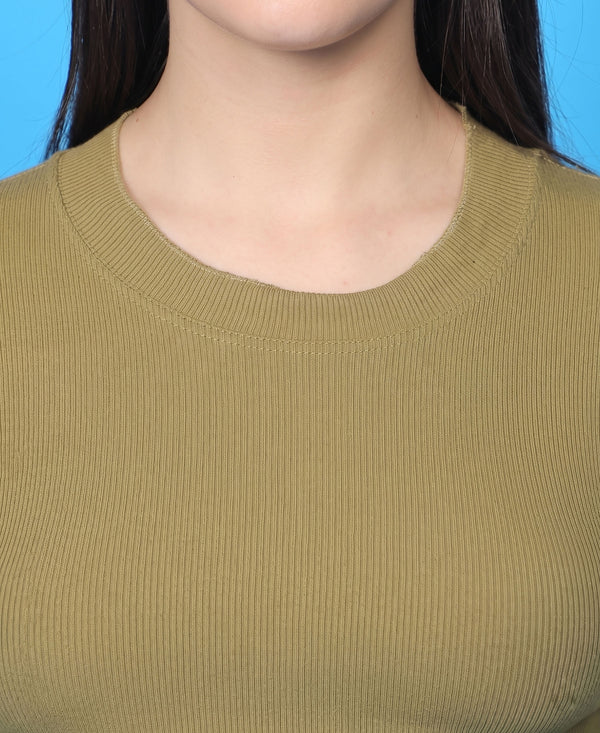 T.T. Women|Stylish Crop Top|Ribbed Slim Fit Full Sleeve Round Neck Trendy Casual Wear Top|Stretchable Cotton Fabric|Tshirt|Top||Dark Green