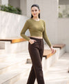 T.T. Women|Stylish Crop Top|Ribbed Slim Fit Full Sleeve Round Neck Trendy Casual Wear Top|Stretchable Cotton Fabric|Tshirt|Top||Dark Green